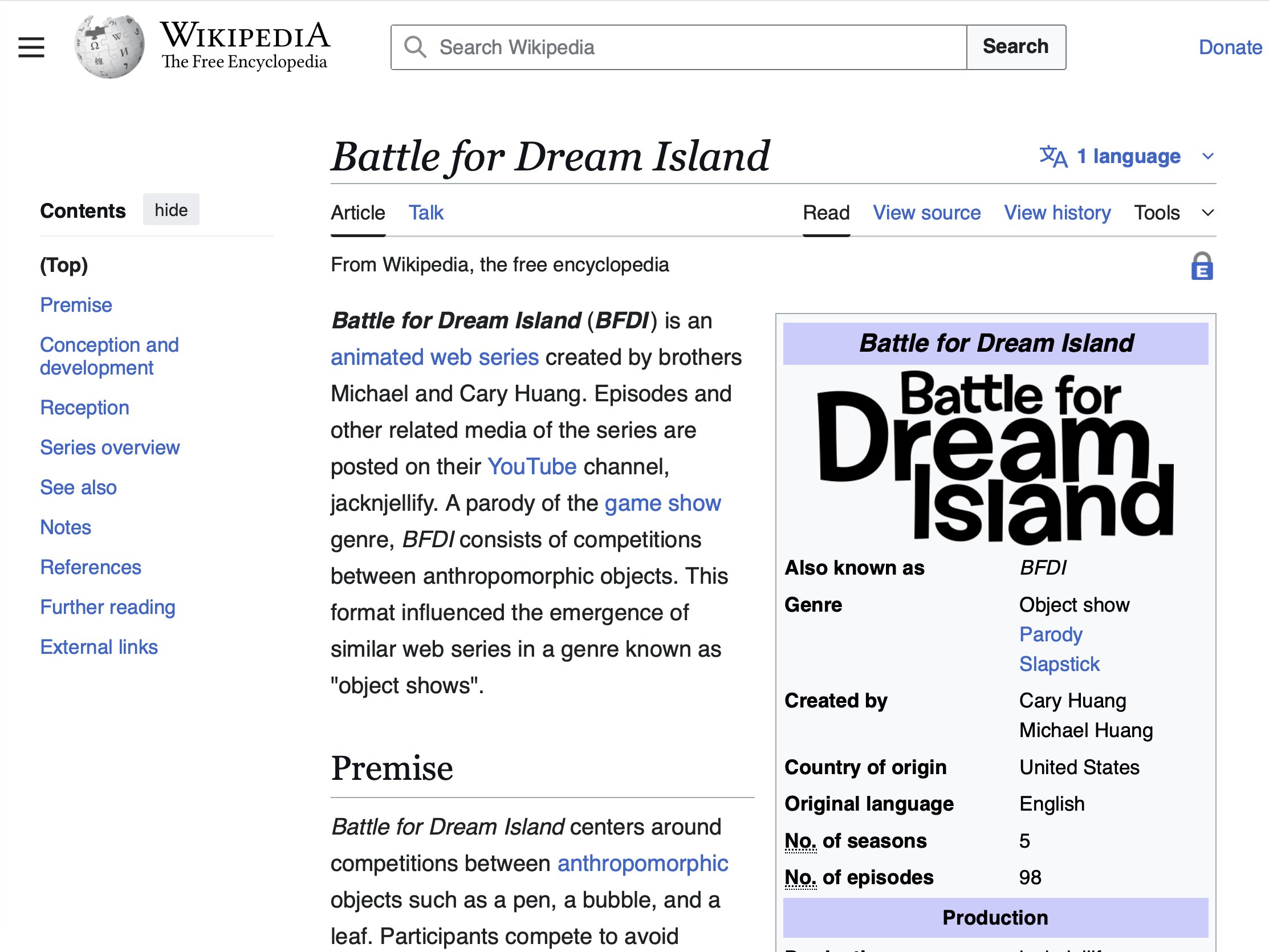 image screenshot of the BFDI page in wikipedia! After much beef for no reason ;)